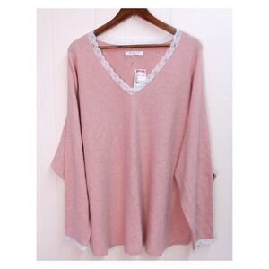 Sioni Milano Women's 3X Pink Lace Trim V-Neck Knit Top Blouse Sweater / #8062‎